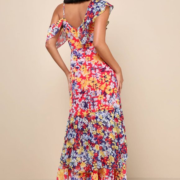NWT Lulus “Radiant Ruby Red Floral Print” Chiffon Maxi Dress - Picture 2 of 8